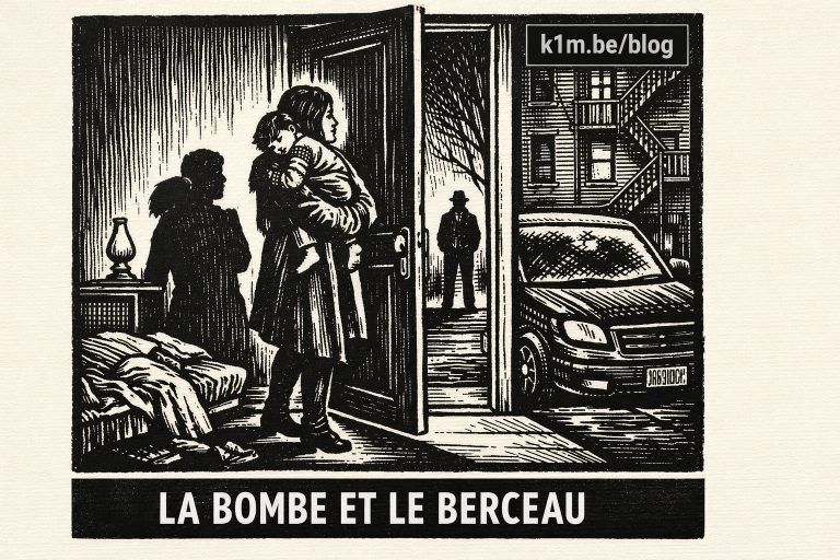 Femme tenant un enfant endormi dans l’embrasure d’une porte entrouverte, observant la nuit où se tient une silhouette masculine, dans une scène tendue de fuite imminente.