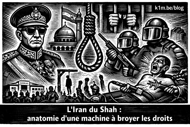 Gravure sur bois en noir et blanc représentant un souverain en uniforme militaire décoré, une corde de pendaison centrale, des agents armés, un prisonnier torturé et une foule en révolte sous un ciel sombre.