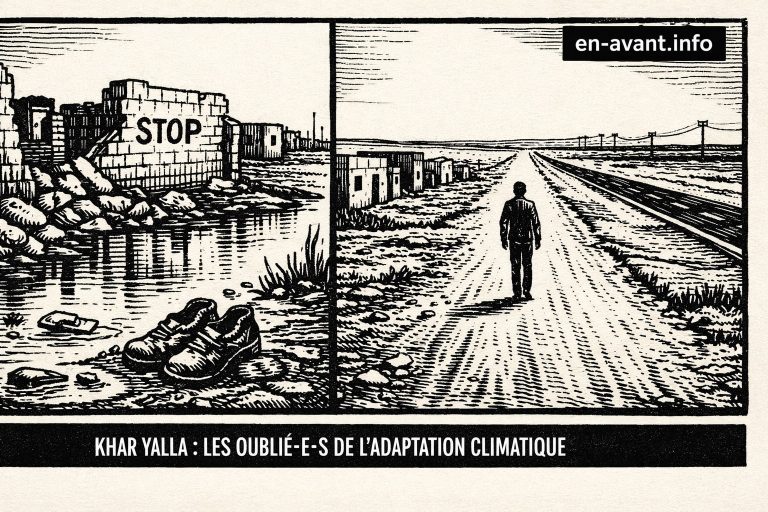 Silhouette solitaire marchant sur une route poussiéreuse entre des habitations précaires, avec d’un côté des ruines inondées et de l’autre une route infinie menant nulle part.