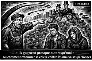 Gravure sur bois en noir et blanc montrant un travailleur en colère face à un chômeur et un bénéficiaire du CPAS, tandis qu’au-dessus d’eux des silhouettes de dirigeants et des piles d’argent symbolisent les inégalités économiques et la fraude fiscale.