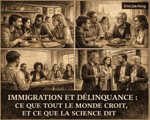 Illustration de style gravure sépia divisée en quatre cases montrant des groupes de personnes d'origines diverses discutant calmement dans un café, un restaurant, une salle de réunion et un hall. En dessous, un bandeau noir porte le titre en blanc : « IMMIGRATION ET DÉLINQUANCE : CE QUE TOUT LE MONDE CROIT, ET CE QUE LA SCIENCE DIT ».