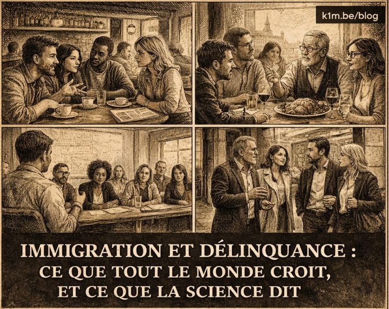 Illustration de style gravure sépia divisée en quatre cases montrant des groupes de personnes d'origines diverses discutant calmement dans un café, un restaurant, une salle de réunion et un hall. En dessous, un bandeau noir porte le titre en blanc : « IMMIGRATION ET DÉLINQUANCE : CE QUE TOUT LE MONDE CROIT, ET CE QUE LA SCIENCE DIT ».