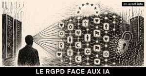 Silhouette humaine vue de dos face à une vaste grille de données lumineuses reliées à sa tête, contenant des symboles religieux, politiques et personnels ; un cadenas brisé se dissout dans un réseau algorithmique sous un ciel marqué par les étoiles européennes.