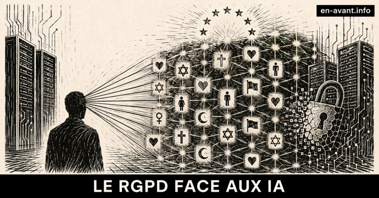 Silhouette humaine vue de dos face à une vaste grille de données lumineuses reliées à sa tête, contenant des symboles religieux, politiques et personnels ; un cadenas brisé se dissout dans un réseau algorithmique sous un ciel marqué par les étoiles européennes.