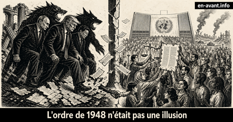 Illustration en linogravure noir et blanc montrant une scène divisée : à gauche, des figures politiques aux ombres animales piétinent des textes juridiques déchirés ; à droite, une foule diverse brandit des bougies, une balance de justice et un document reconstitué devant une assemblée évoquant l’ONU, symbolisant la résistance et la reconstruction du droit international.