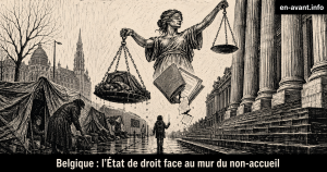 Illustration en noir et blanc de style linogravure : sous la pluie, des tentes précaires occupent un trottoir urbain tandis qu’une femme et un enfant s’y abritent ; au-dessus d’eux, une figure géante de la Justice tient une balance déséquilibrée, face aux colonnes massives d’un palais de justice.