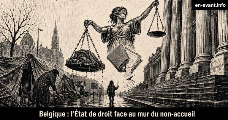 Illustration en noir et blanc de style linogravure : sous la pluie, des tentes précaires occupent un trottoir urbain tandis qu’une femme et un enfant s’y abritent ; au-dessus d’eux, une figure géante de la Justice tient une balance déséquilibrée, face aux colonnes massives d’un palais de justice.