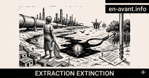 Sur la rive droite, d'immenses pipelines débouchent d'une usine pétrochimique massive qui domine le paysage. Au premier plan à droite, une racine de palétuvier est piégée dans la nappe d'huile qui forme une boucle, tandis qu'un document titré « TREATY » (Traité) repose au sol à côté d'une mèche de forage verticale. Un bidonville est visible au premier plan à gauche. Un encadré noir en haut à droite contient le texte « en-avant.info ». Une bande noire en bas de l'image contient le titre « EXTRACTION EXTINCTION »