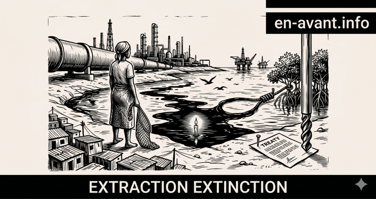 Sur la rive droite, d'immenses pipelines débouchent d'une usine pétrochimique massive qui domine le paysage. Au premier plan à droite, une racine de palétuvier est piégée dans la nappe d'huile qui forme une boucle, tandis qu'un document titré « TREATY » (Traité) repose au sol à côté d'une mèche de forage verticale. Un bidonville est visible au premier plan à gauche. Un encadré noir en haut à droite contient le texte « en-avant.info ». Une bande noire en bas de l'image contient le titre « EXTRACTION EXTINCTION »
