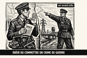 Illustration en linogravure noir et blanc montrant un officier militaire hésitant tenant un ordre, face à un supérieur qui lui ordonne d’avancer, avec une balance symbolisant le dilemme entre loi et violence.