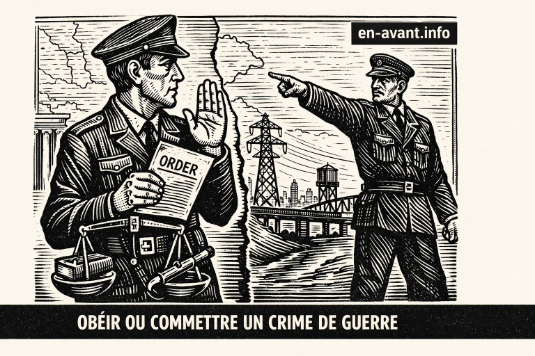 Illustration en linogravure noir et blanc montrant un officier militaire hésitant tenant un ordre, face à un supérieur qui lui ordonne d’avancer, avec une balance symbolisant le dilemme entre loi et violence.