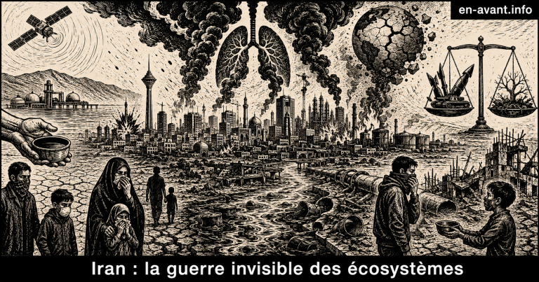 Illustration en linogravure noir et blanc montrant une ville iranienne sous d’épaisses colonnes de fumée après des frappes sur des installations pétrolières, avec au premier plan des habitants masqués, un sol craquelé, une eau polluée et des symboles de destruction écologique.