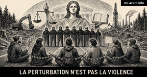 Illustration en linogravure noir et blanc montrant un groupe de défenseur·e·s de l'environnement assis·e·s pacifiquement sur une route face à des policier·e·s à l'écoute, devant un paysage déforesté traversé d'engins d'extraction ; au-dessus, une figure allégorique de la Justice aux yeux ouverts tient une balance et un livre intitulé « AARHUS », enveloppant les protestataires d'un halo protecteur.