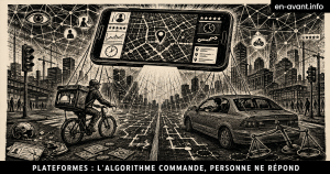 Illustration en linogravure noir et blanc montrant un livreur à vélo et un chauffeur de plateforme dans une ville quadrillée par des lignes algorithmiques, sous le contrôle d’un smartphone géant qui les surveille comme un œil.