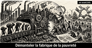 Illustration en linogravure noir et blanc : une immense machine industrielle transforme des silhouettes humaines courbées sous des charges, tandis qu’un groupe de personnes démonte activement ses engrenages et déroule un plan collectif vers un futur solidaire avec nature et énergies renouvelables.