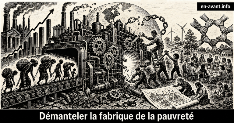 Illustration en linogravure noir et blanc : une immense machine industrielle transforme des silhouettes humaines courbées sous des charges, tandis qu’un groupe de personnes démonte activement ses engrenages et déroule un plan collectif vers un futur solidaire avec nature et énergies renouvelables.