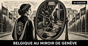 Illustration en linogravure noir et blanc montrant une figure allégorique de la Belgique face à un miroir fragmenté où apparaissent une prison surpeuplée, un enfant refusé à l’école, une personne migrante dormant dans la rue et un contrôle d’identité, devant le Palais des Nations à Genève.
