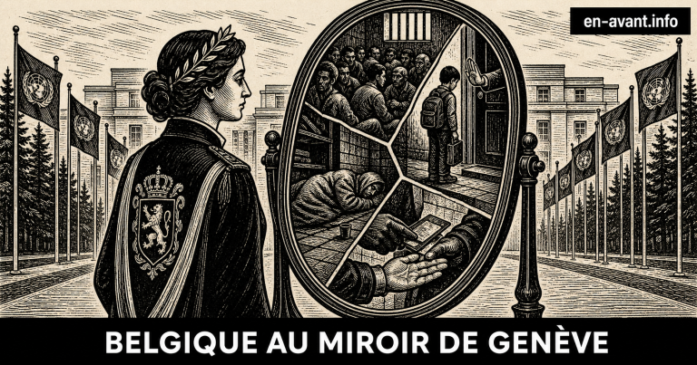 Illustration en linogravure noir et blanc montrant une figure allégorique de la Belgique face à un miroir fragmenté où apparaissent une prison surpeuplée, un enfant refusé à l’école, une personne migrante dormant dans la rue et un contrôle d’identité, devant le Palais des Nations à Genève.