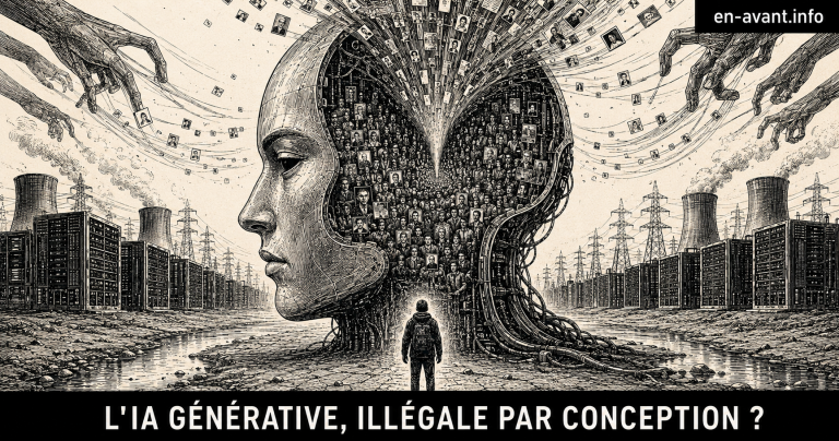 Illustration en linogravure noir et blanc : une tête de machine ouverte comme une coquille, remplie de silhouettes humaines aspirées par un flux de données, devant des centres de données à l'horizon.