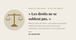 French banner: 'Les droits ne se soldent pas' with a scale icon on a beige background