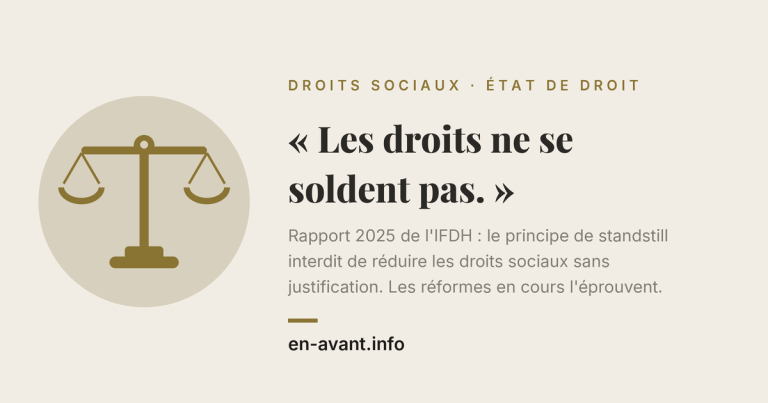 French banner: 'Les droits ne se soldent pas' with a scale icon on a beige background