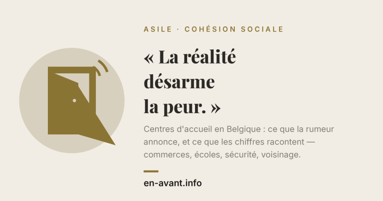 Poster-style graphic on beige background with the quote “La réalité désarme la peur.” and subtitle about Belgian reception centers; left circular logo graphic.