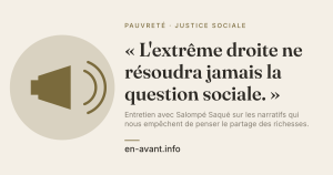 Hero banner: beige background with a left circular megaphone icon, and a bold French headline about the far right not solving the social question, plus an interview subtitle and en-avant.info.
