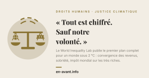 Left circle with scales of justice next to a French headline that reads “Tout est chiffré. Sauf notre volonté.” about inequality and climate justice, with descriptive text and en-avant.info credit.