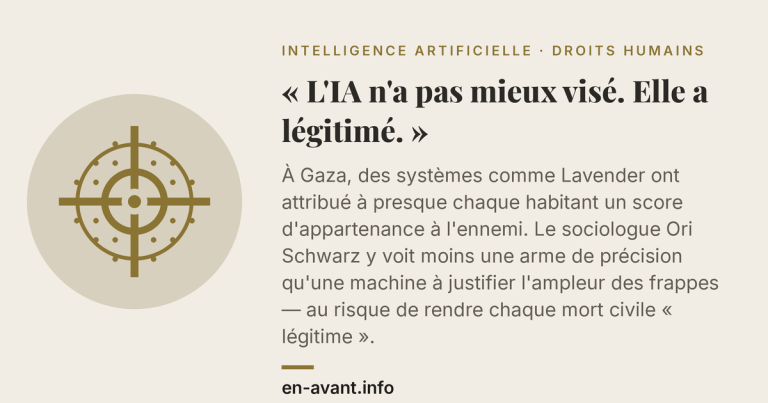 Hero banner for an article on AI and human rights: beige background, left circular target icon, right-aligned French headline about AI’s legitimacy, with excerpt and source en-avant.info