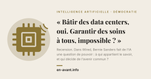French article hero: oversized bold quote about data centers and universal care, with a brown chip illustration on a beige circle to the left.