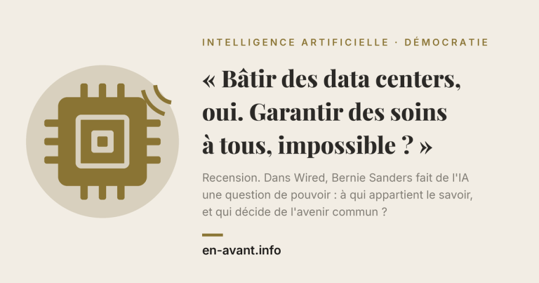 French article hero: oversized bold quote about data centers and universal care, with a brown chip illustration on a beige circle to the left.