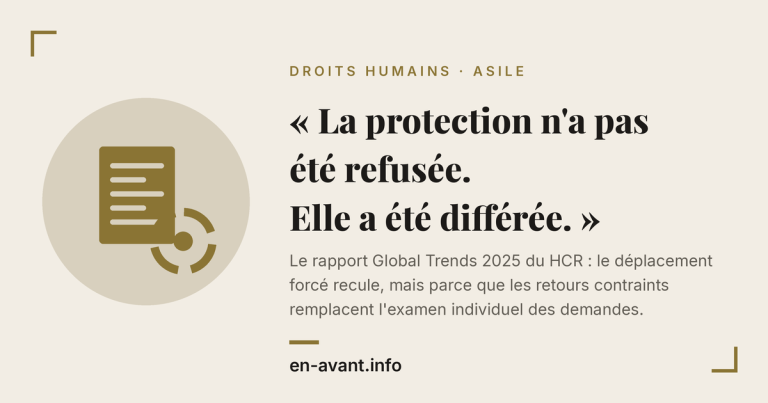 Beige hero image with the French quote 'La protection n'a pas été refusée. Elle a été différée.' and a circular document icon on the left.