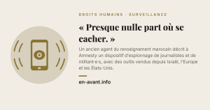 Pictogramme d'un téléphone dont l'écran est un œil, entouré d'ondes, avec la phrase « Presque nulle part où se cacher » et le logo en-avant.info